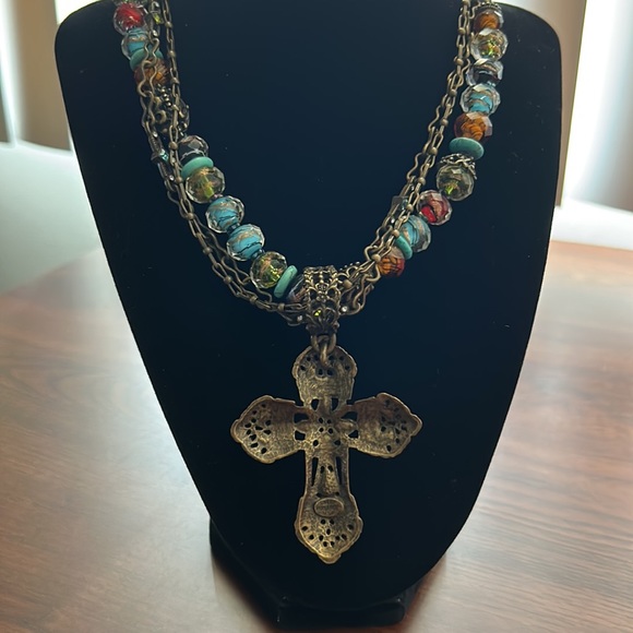 NWOT Beaded Enamel Rhinestone Cross Statement Necklace - Designer Sweet Romance - Picture 9 of 10